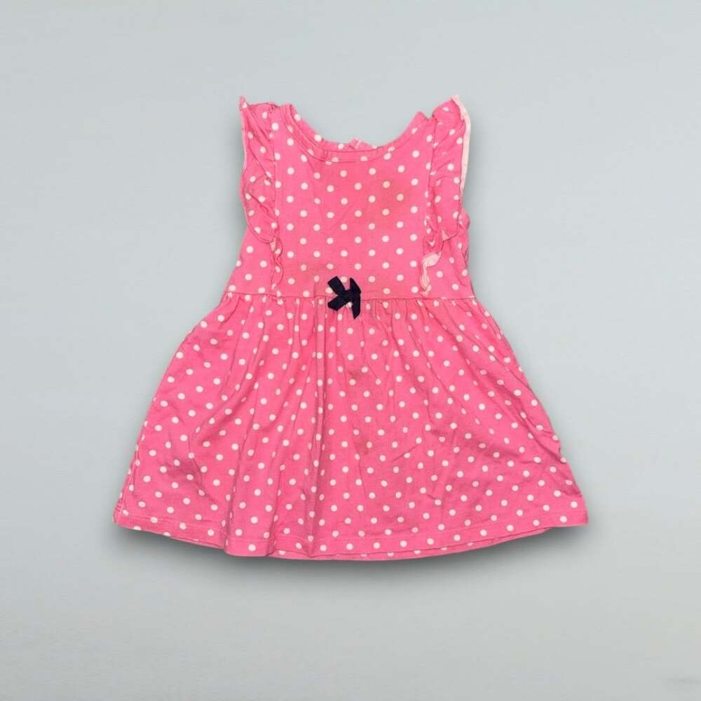Pink Polka Dot Ruffle Sleeveless Baby Girl Dress Bow Detail 12M